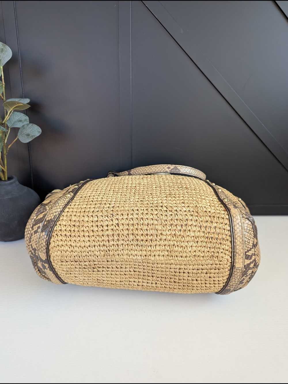 Coach Natural Woven Straw Tote with Snake-Print Trim - Picture 7 of 12